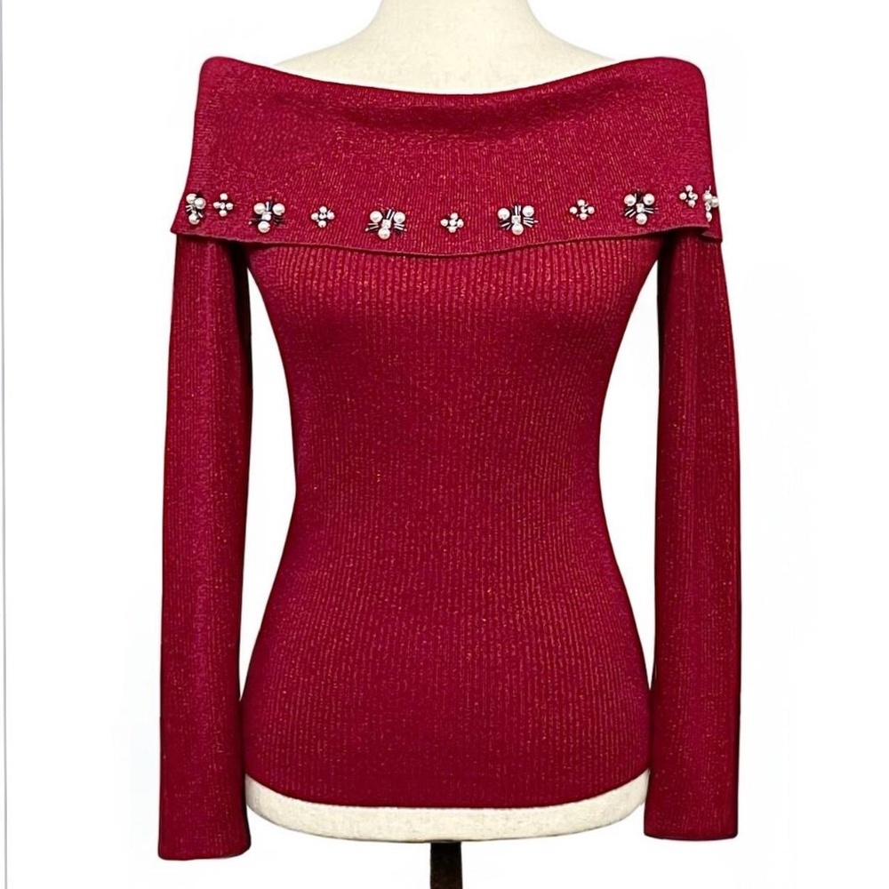Lauren Michelle Vintage 90s Off The Shoulder Metallic Ribbed Knit Beaded Sweater